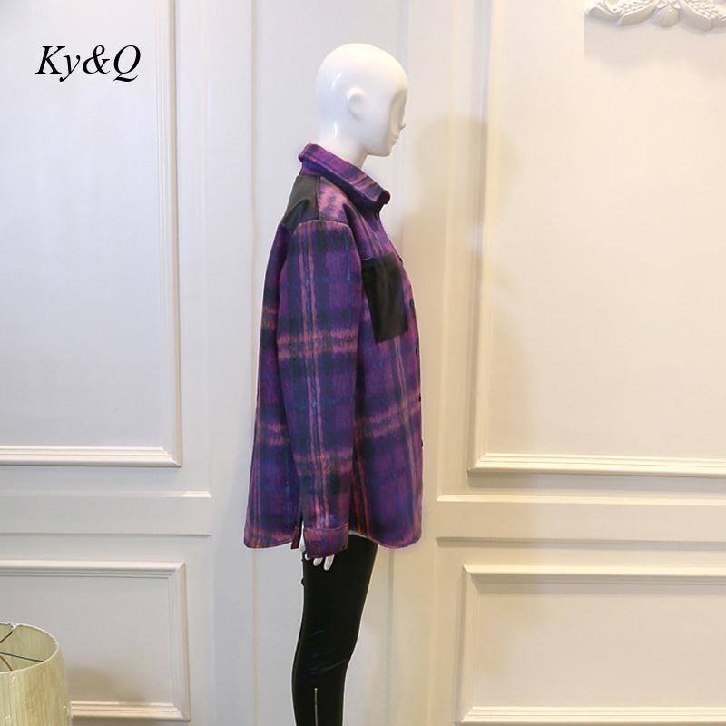 Purple Plaid Shirt Jacket Women&#39;s Long Sleeve Outerwear All-Match Loose Thick Woolen Coat Autumn Winter Style