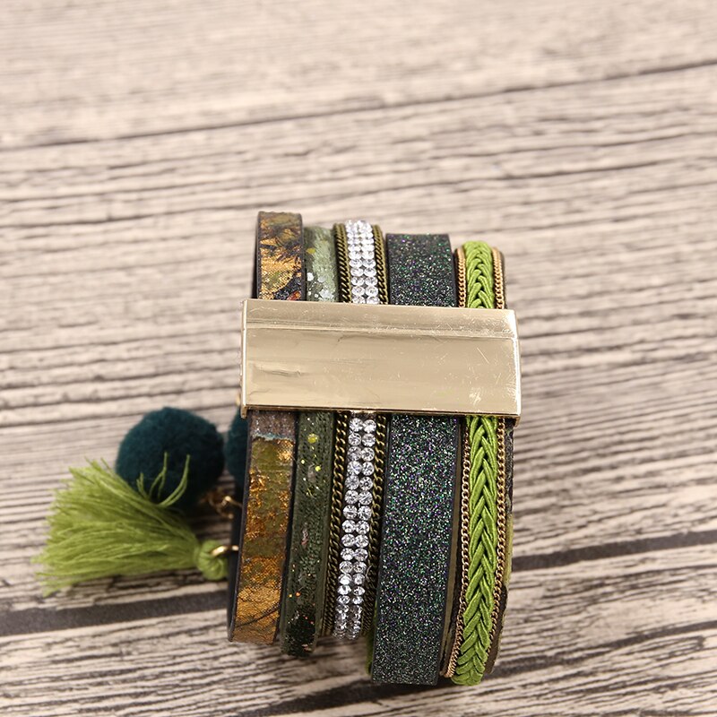 STRATHSPEY – ensemble de bracelets en strass pour femmes, plusieurs rangées, pompon, boule de fourrure, PU mousse, Bracelet, perles feuille d&#39;or, pendentif Olive