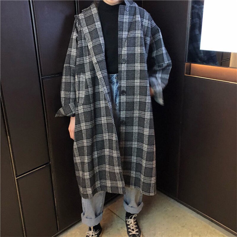 Vinter check fløjl frakke kvinde hakket varm ternet uld kvinders frakker fleece kontor dame vintage lang overfrakke kvinde: Sort / M