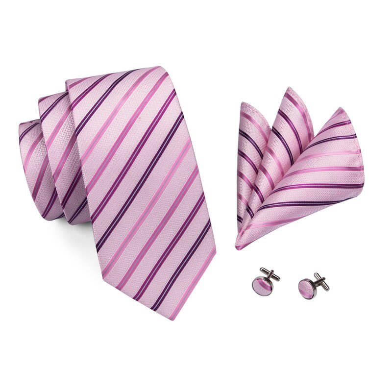 Mens Silk Ties Pink Tie Stripe Necktie Hanky Cufflink Set Business Wedding Ties For Men C-228