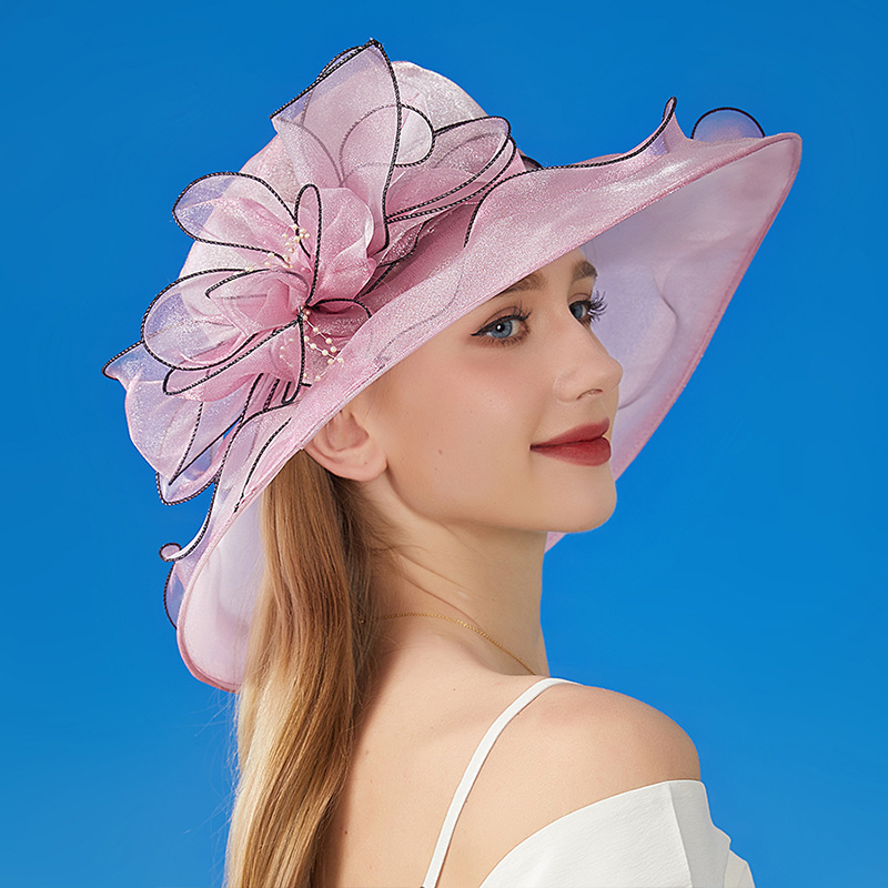 Chapéu de aba larga de organza vintage para mulheres novo vestido de igreja chapéu de casamento de noiva malha floral chapéu de sol festa praia bonés: Vermelho