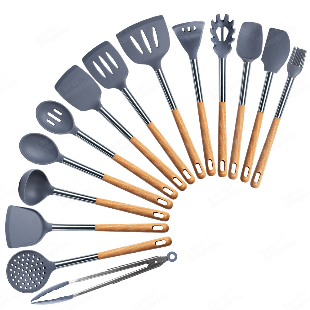 Kit d'ustensiles de cuisine en Silicone, ensemble d'outils de cuisine, accessoires allongés manche en bois massif, spatule cuillère Kit avec ustensiles de rangement: G14