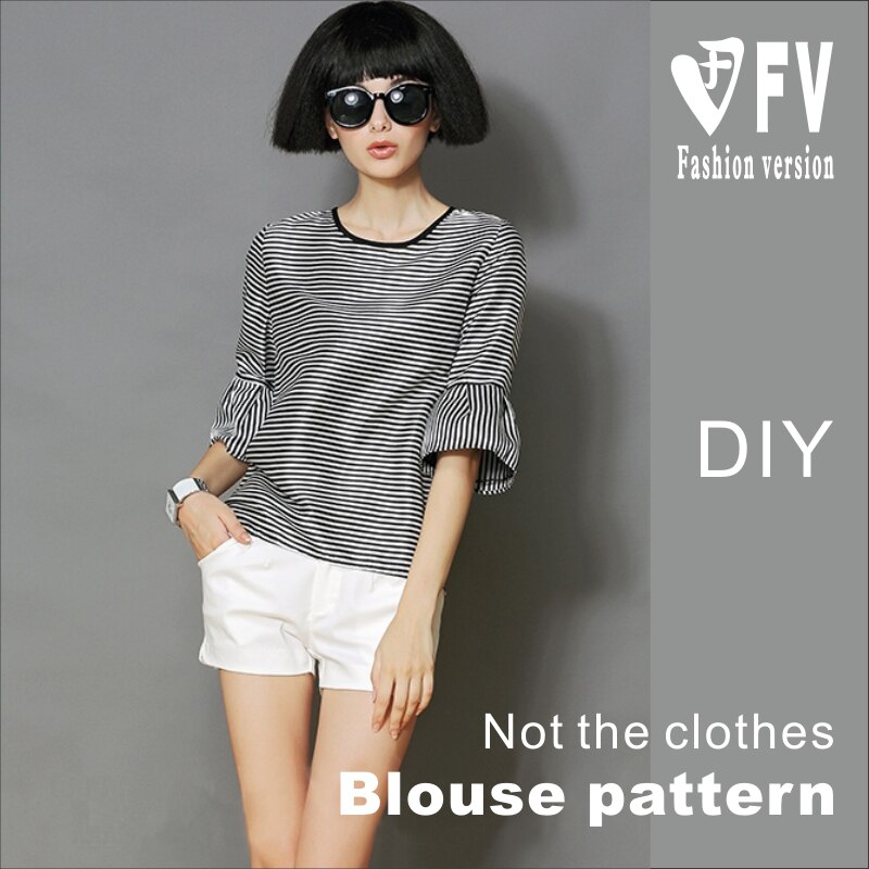 Ropa patrón DIY mujeres mangas de hoja de loto de cuello redondo Camisa ajustada de dibujos 1:1 patrón físico BXS-10