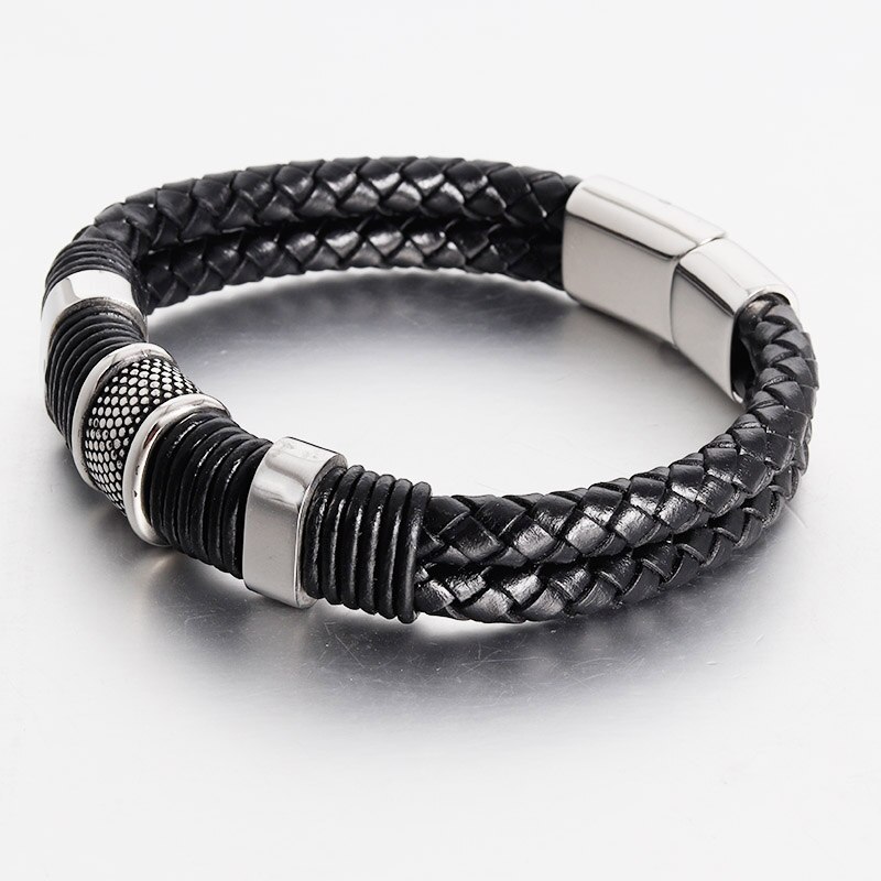 Pulseras de cuero trenzadas para hombre, pulsera de cadena de cuerda multicapa negra, cierre magnético de acero inoxidable, de joyería para hombre
