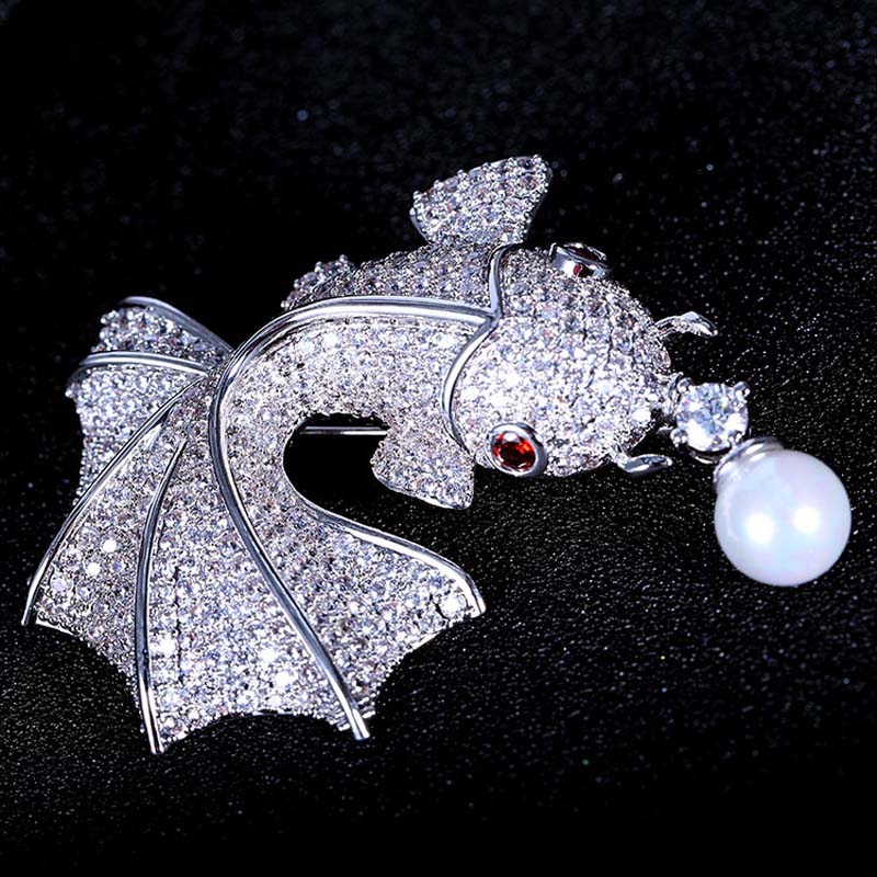 Red Trees Brand Fish Shape Animal Brooch For Man & Women With Cubic Zirconia Sweater Accessories Christmas