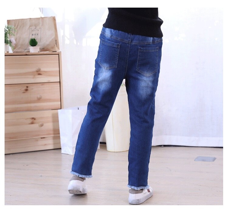 Meninas jeans roupas de inverno mais veludo calças calças de moletom quente velo adolescente menino denim calças de remendo crianças roupa azul