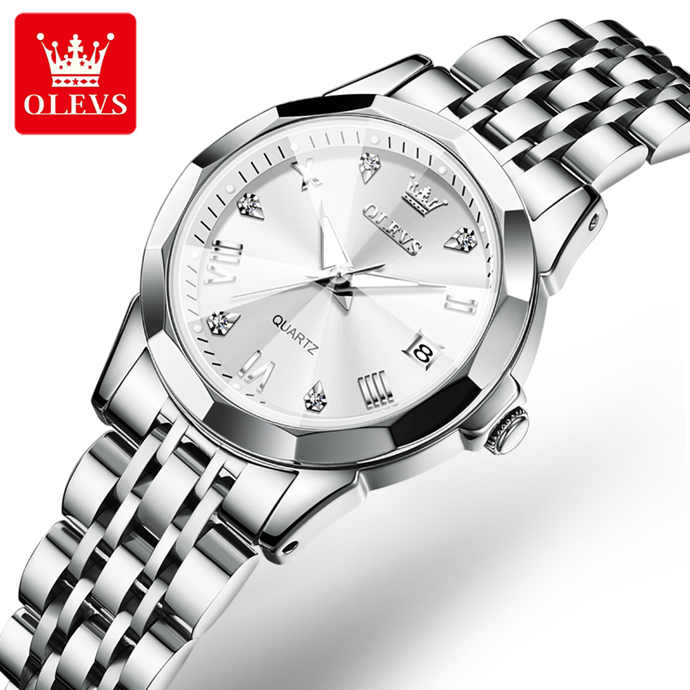 OLEVS-Reloj dorado de lujo para mujer, pulsera de acero inoxidable, , de cuarzo con rombos, resistente al agua: Plata