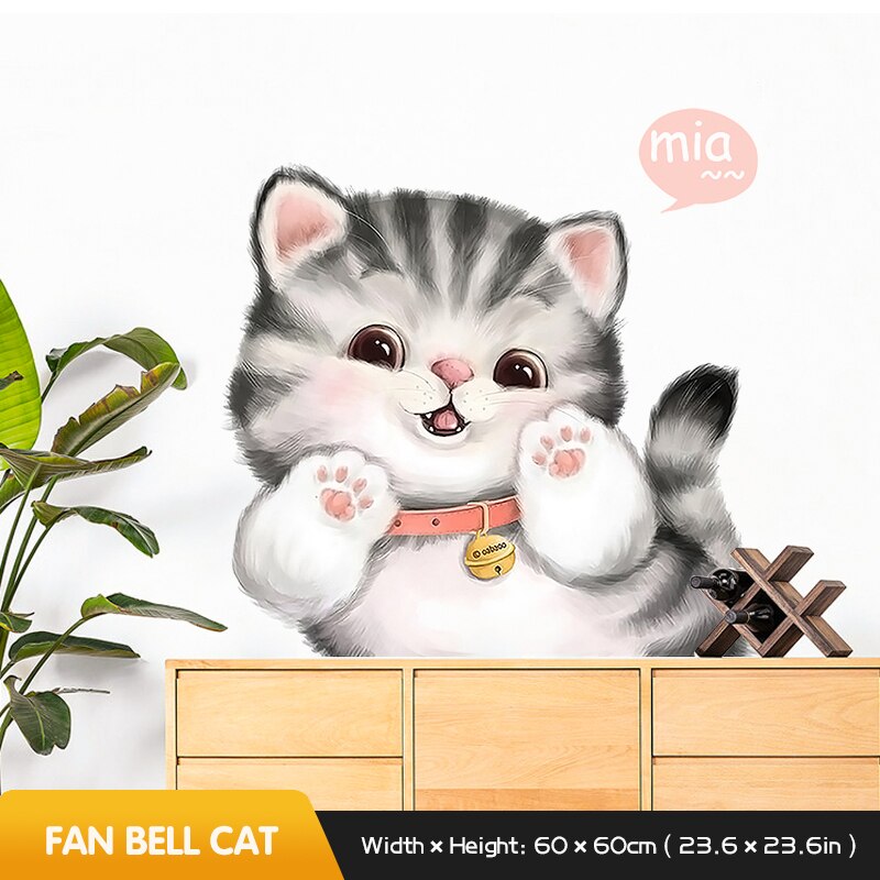 Lindo gato pintado a mano realista pegatina de pared decoración de cabecera de habitación Pared de tienda de mascotas decoración pegatinas de ventana autoadhesivo decoración del hogar: Fan bell cat