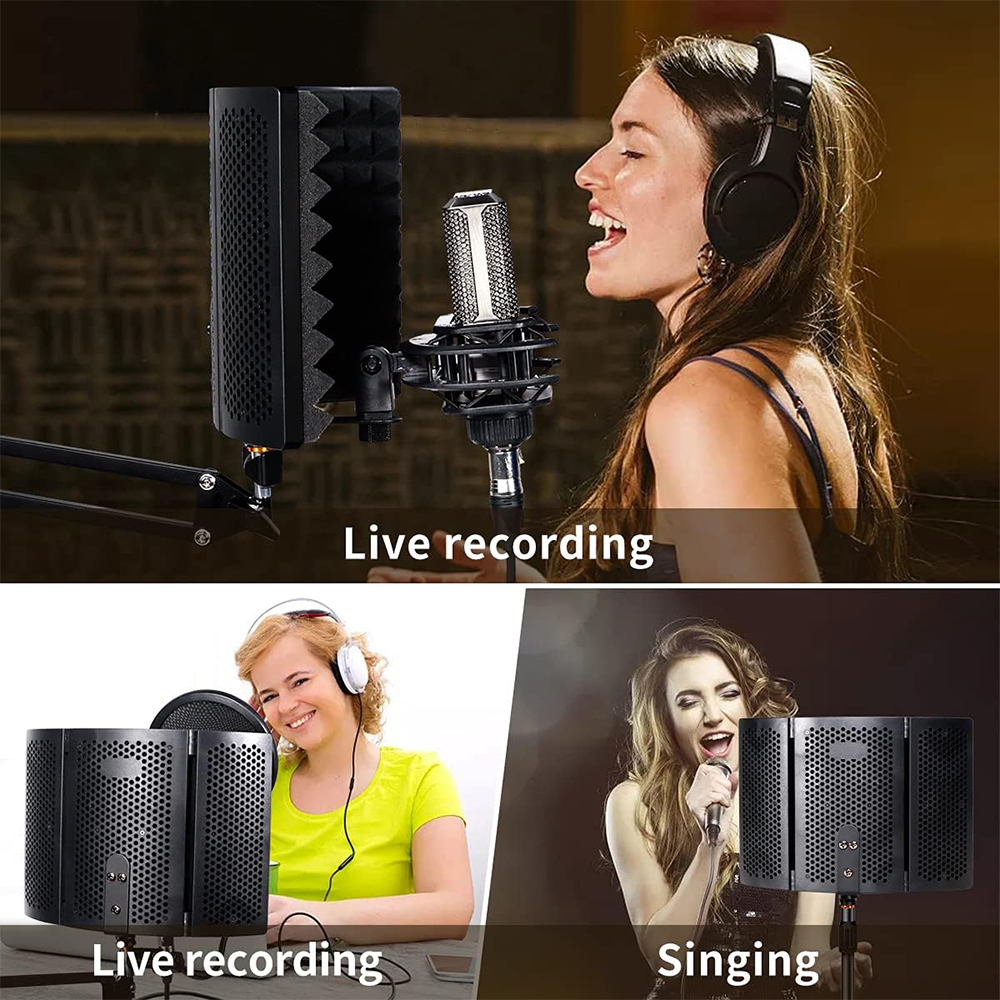 Capot d'isolation de microphone, bouclier de microphone pliable avec triple isolation sonore, adapté aux équipements d'enregistrement de microphone