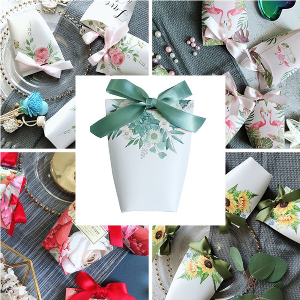5pcs/lot Candy Box with Ribbon Chocolate Biscuit Candy Bag Paper Packing Pouch Birthday Wedding Wrapping Party Supplies