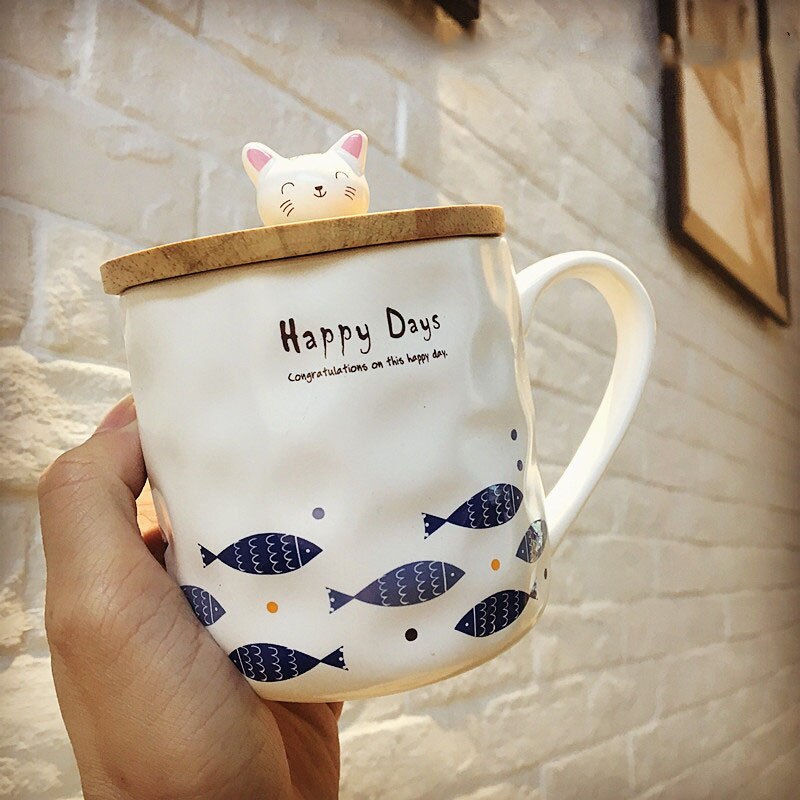 Japansk stil merke keramisk kopp med skje lokk søt enkel katt og fisk tegneserie frokost melk kopp: D