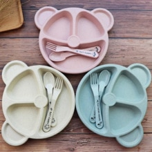 Baby Bowl Spoon Fork Feeding Food Anti Wheat Straw Training Tableware Set Cartoon Bear Kids Dishes Eating Dinnerware