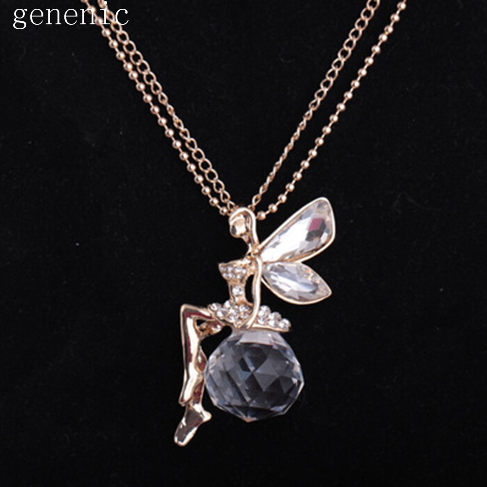 Women Crystal Fairy Angel Wing Pendant Long Chain Sweater Necklace