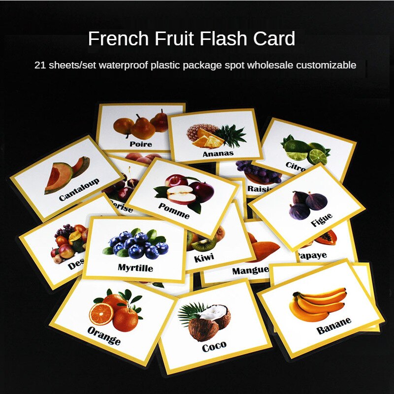 French Children Card Flash Card Fruit Fruit 21 Kindergarten Waterproof Word Cards Early Education Enlightenment Teacher Teaching