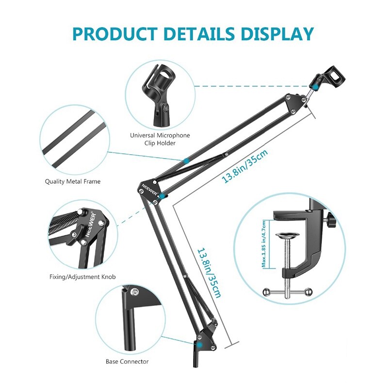 Soporte extensible para micrófono de grabación, brazo de suspensión, tijera, soporte para el brazo con Clip para micrófono, abrazadera de montaje de mesa