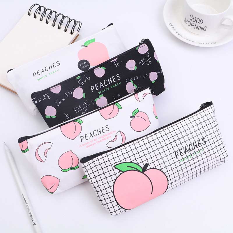 Kawaii Canvas Pencil Case Fruit Peach Pink Girls for School Pencil Box Pencilcase Pencil Bag School Supplies Stationery