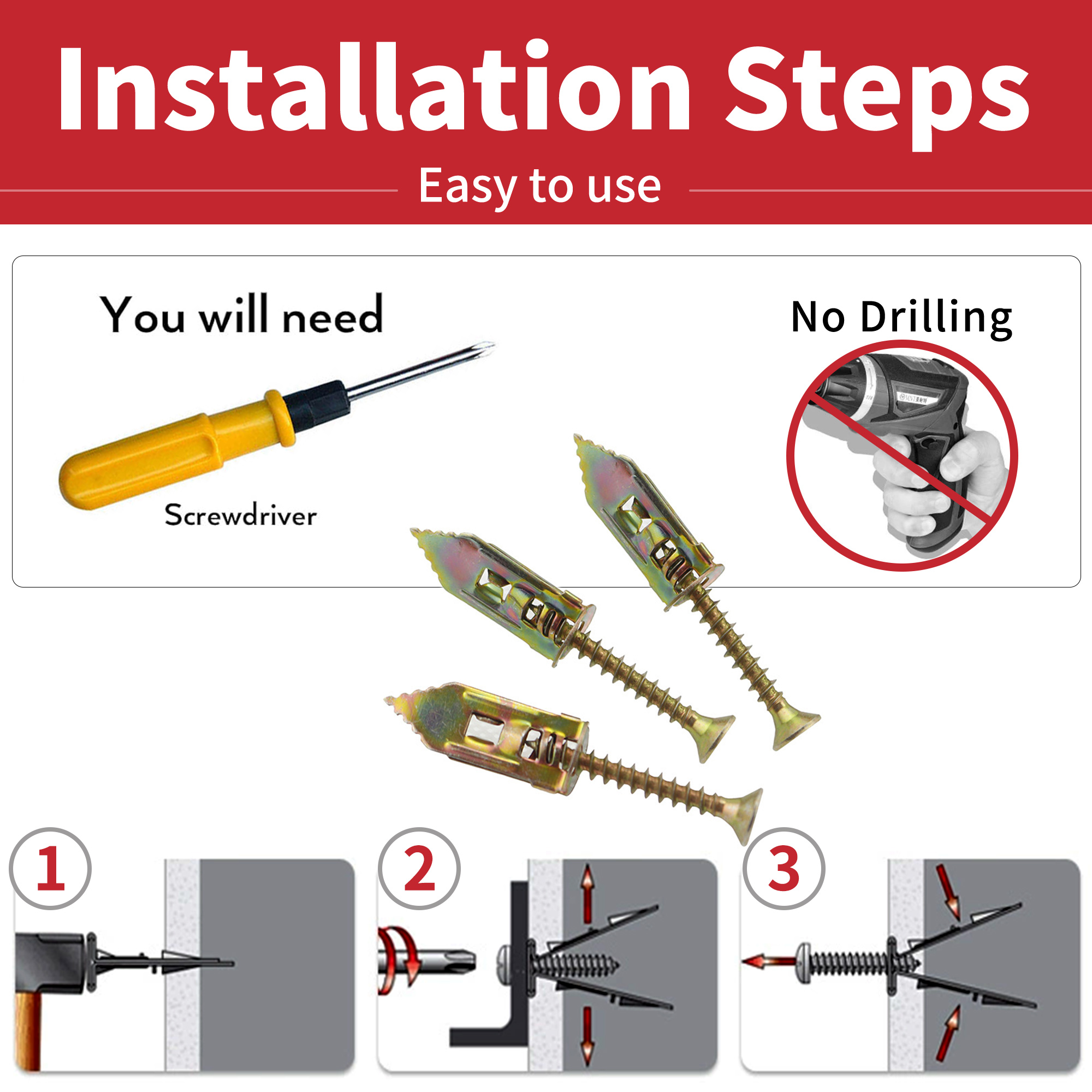 30/60/100 sæt selvborende gipsankre med skruer og  a 30mm længder gipsudvidelsesskrue til gipsanker