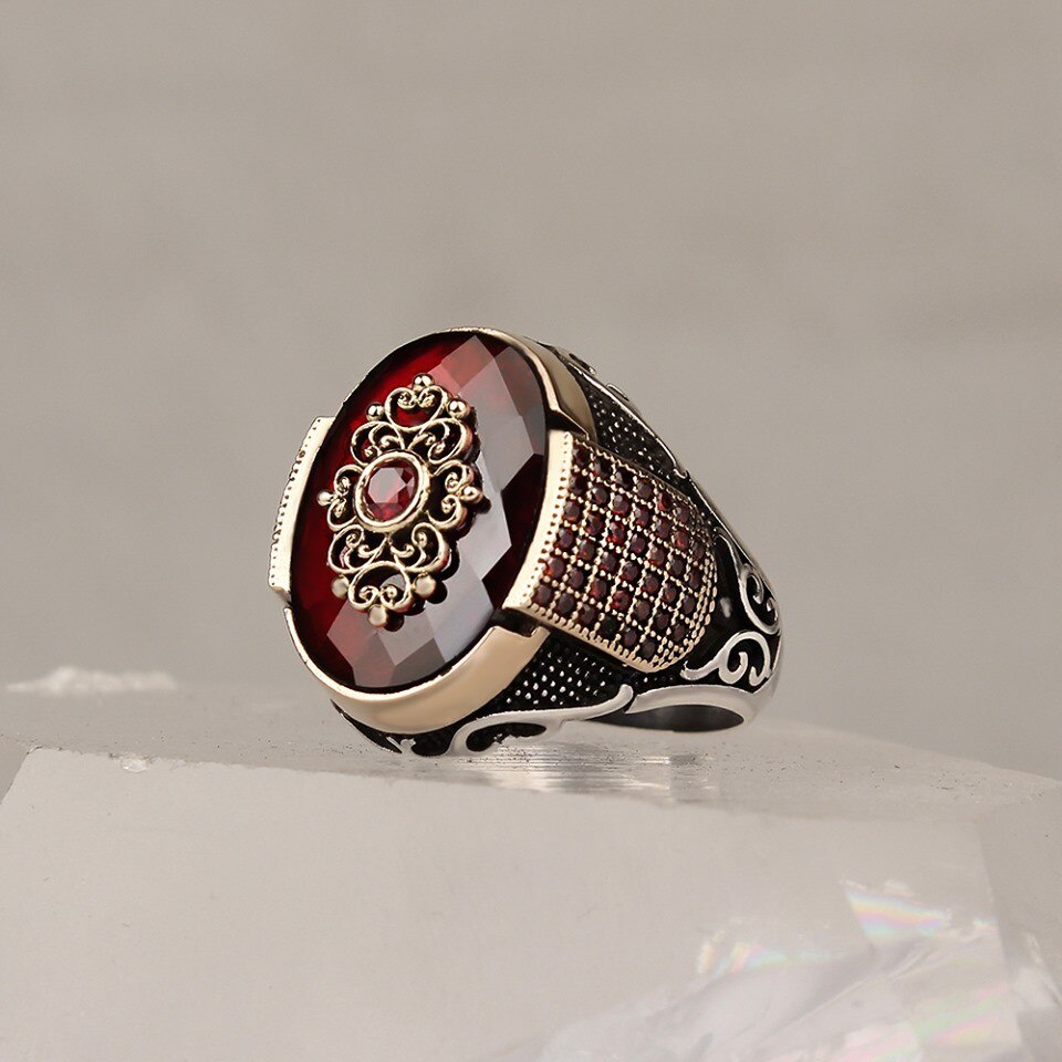 Echt 925 Sterling Silber Ring Für Männer Rot Natürliche Zirkon Stein Schmuck Vintage Aqeq Onyx Herren Zubehör Alle größe