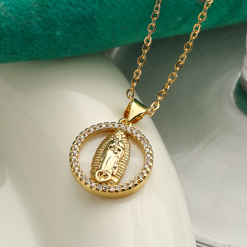 NEWBUY Women's Religious Jewelry Copper CZ Zircon Inlay Virgin Mary Pendant Stainless Steel Chain Necklace