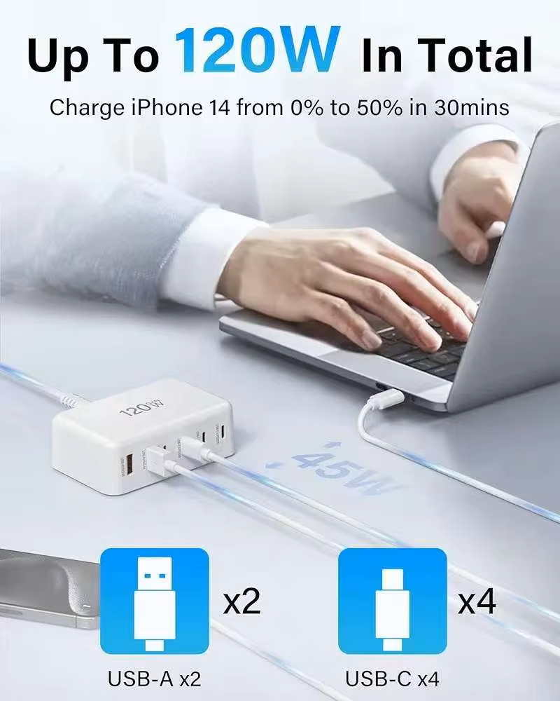 120w gan mobil ladestation 6- porte usb c vægoplader til strømadapter 45w/20w egnet til opladning af mobiltelefoner