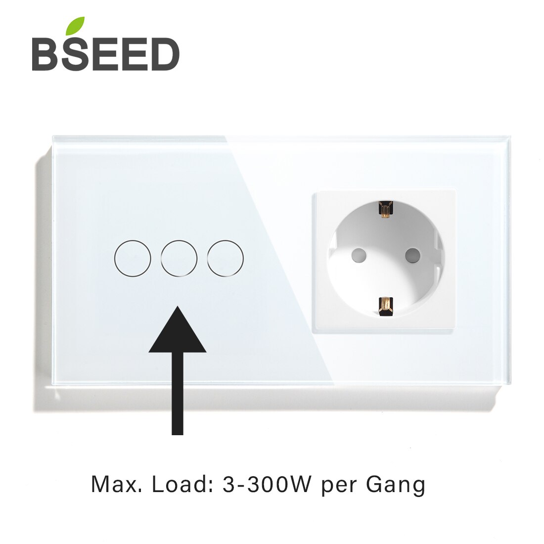 BSEED Touch Light Switch With EU Power Wall Sockets White 300W Wall Led Switch 1/2/3Gang 1Way Crystal Glass Panel Dark Backlight: 3Gang with Socket