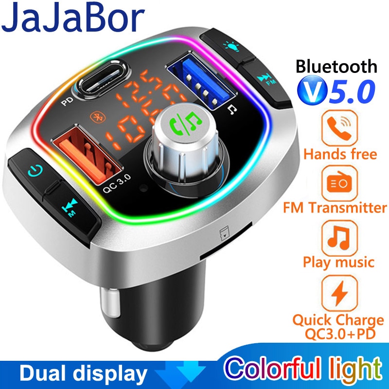 JaJaBor Bluetooth 5.0 Car Kit Handsfree Wireless FM Transmitter Car MP3 Player with PD18W QC3.0 Quick Charge Car Charger