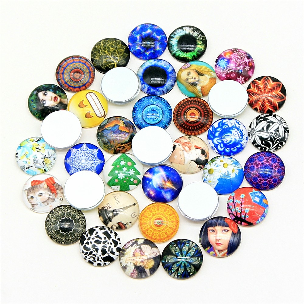 50 pçs 8mm 10mm 12mm 14mm 16mm padrões de mistura aleatória feitos à mão redondo foto vidro cabochão joias achados & componentes