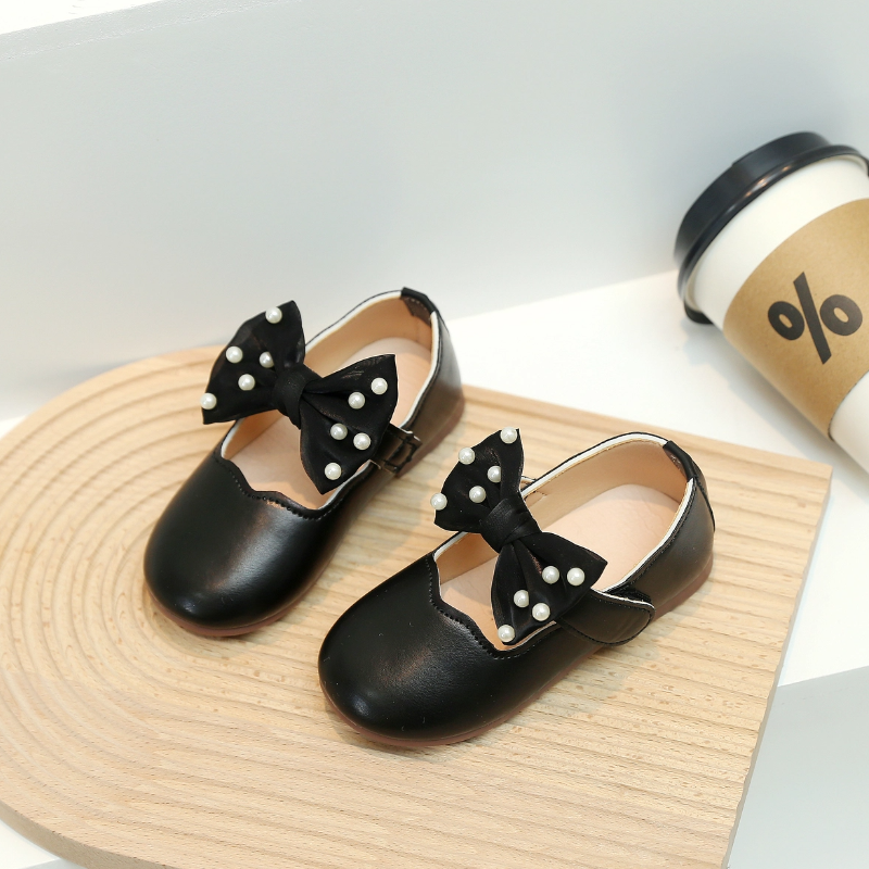 Children Mary Janes Beading Ribbon Black Beige Girl's Princess Shoes Shallow Flexiable Kids Flat Shoe 21-30