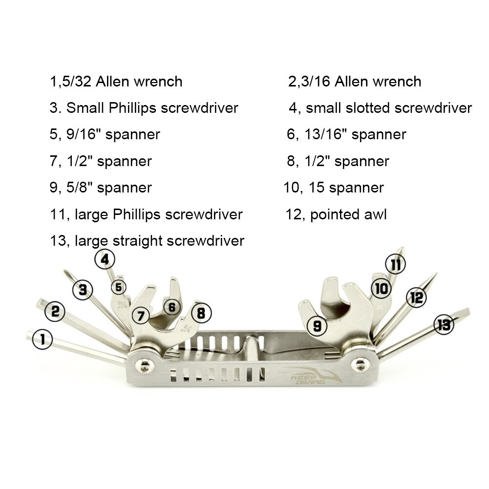 13 In 1 Diver Scuba Adjusting Diving Repair Tool Folding Wrench Screwdriver Maintenance Stainless Steel Portable Multifunction