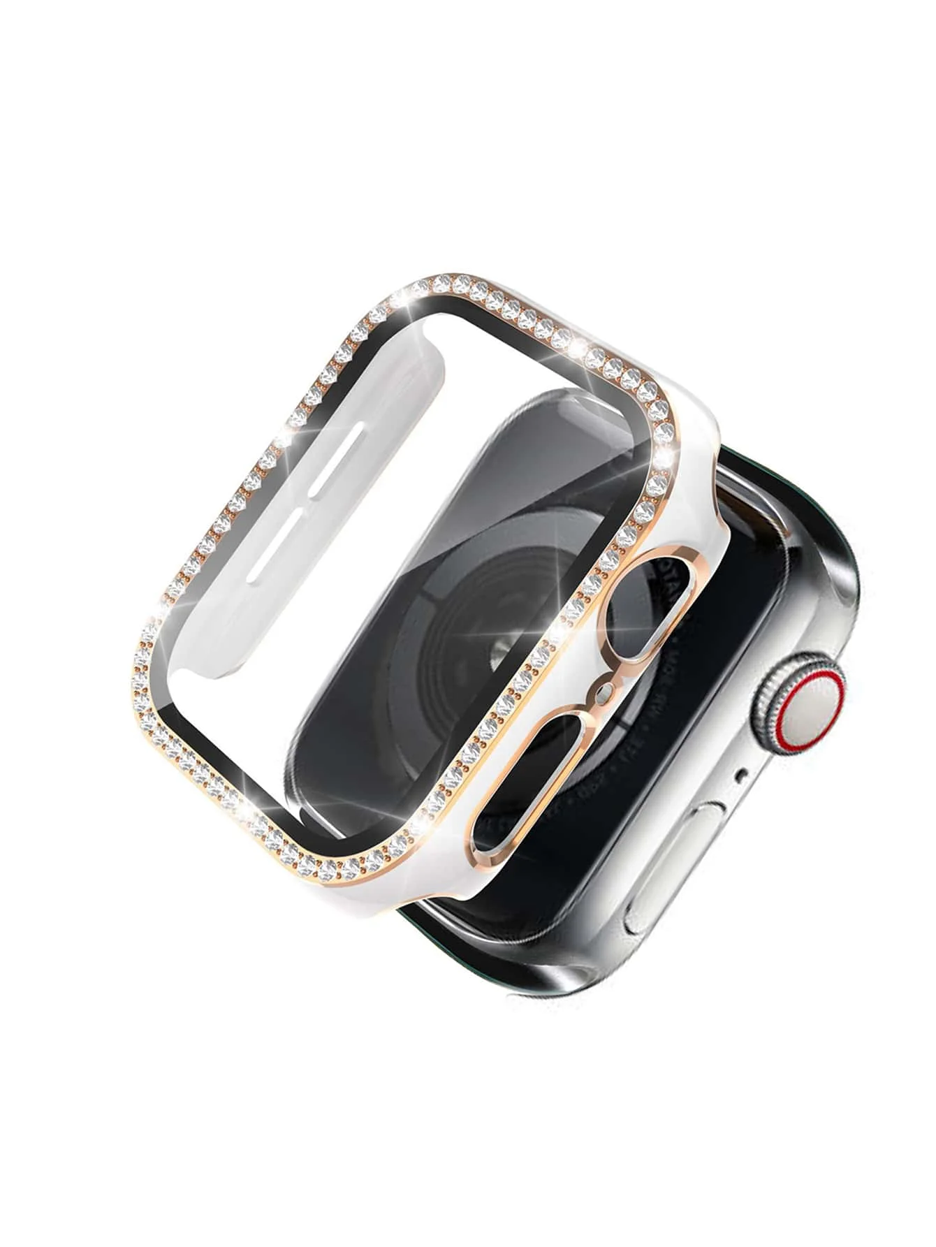 Cristal ostentoso + cubierta para Apple i Watch, 45mm, 41mm, 40mm, 44mm, 42mm, 38mm, parachoques de diamante + Protector de pantalla serie iwatch: Blanco / 7 Pulgadas y Superiores