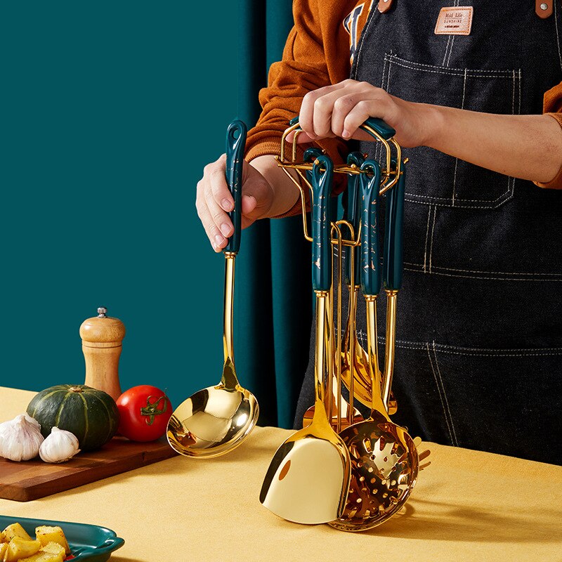 Dark green gold cooking pots set stainless steel cookware set non stick Spatula Shovel spoon kitchen utensils accessories set