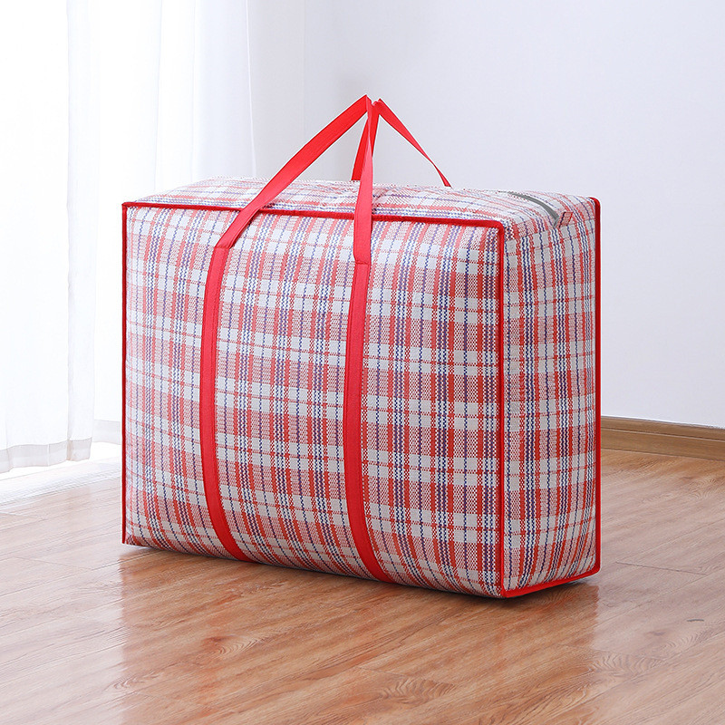 Thickened striped woven bag large capacity storage mobile bag clothes quilt luggage packaging zipper tote bag home organizer: 20cm*15cm / green