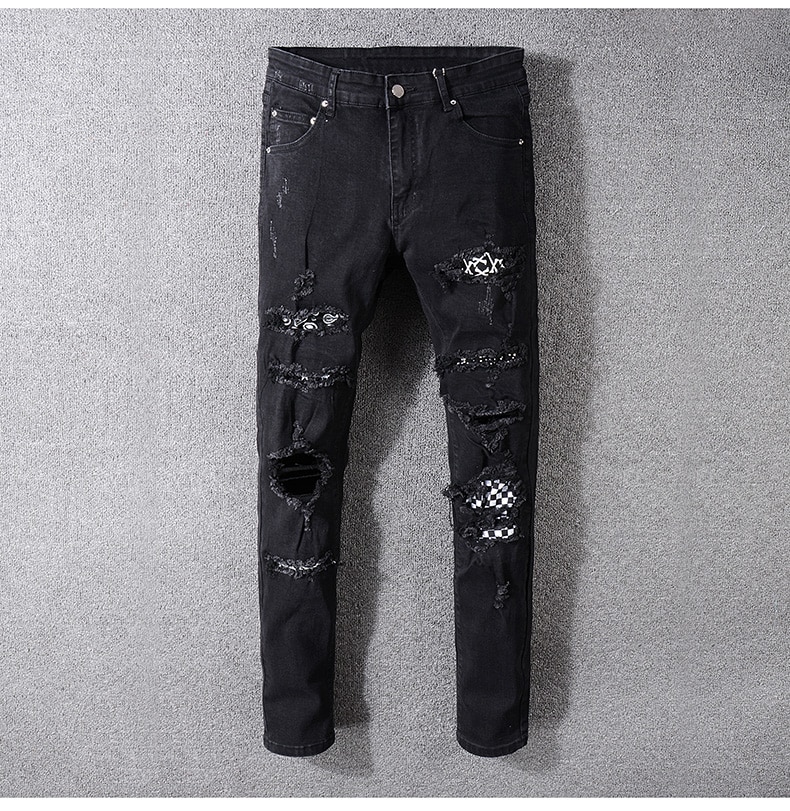 Sokotoo mænds sorte hvide lappede huller ripped jeans plus size slim fit skinny distressed stretch denimbukser