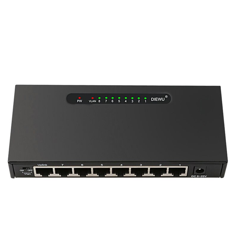 8 Poorten 10/100M Fast Ethernet Switch RJ45 Lan Hub Plug En Play Geen Ventilator Met Vlan Switch ondersteuning 5-20V Input: metal EU  plug