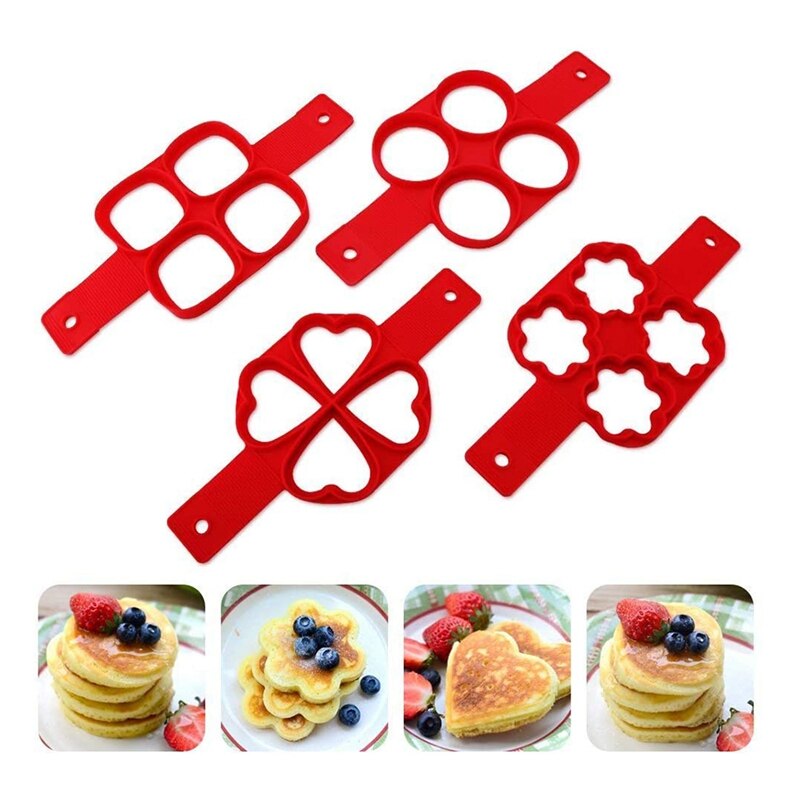 Flip Cooker Pancakes Mold,4-Pack Nonstick Silicone Pancake Mold,Breakfast Pancake Shaper-Round+Heart Shape+Flower+Square