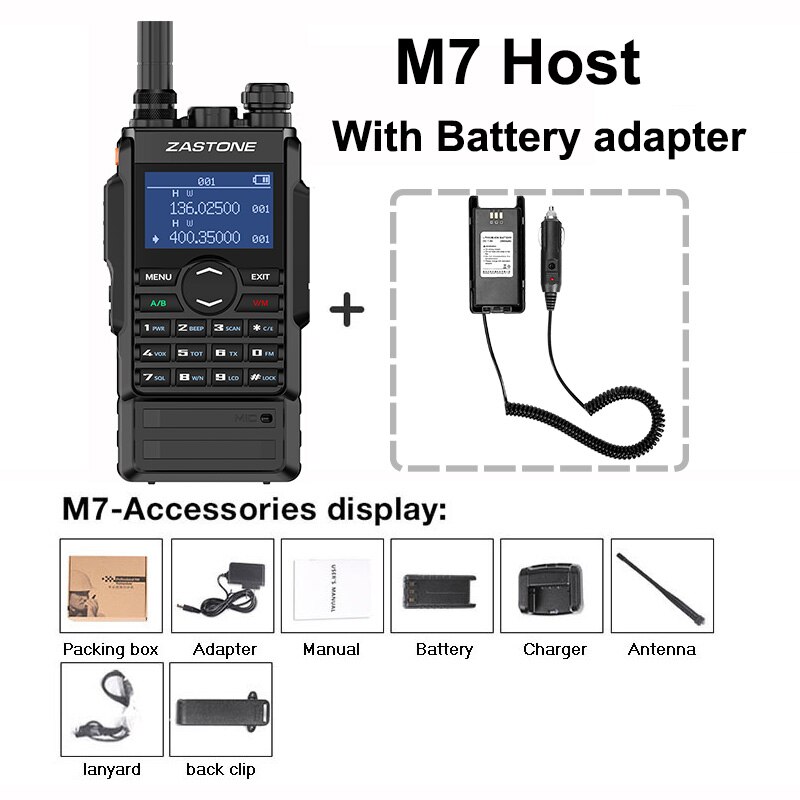 Zastone-walkie-talkie M7, Radio VHF UHF portátil de 5w, batería de 2600Mah, radio bidireccional, FM Ham, 136-174, 400-480Mhz: Add battery adapter