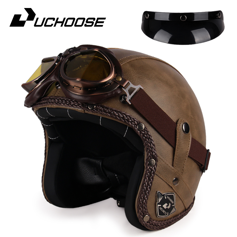 UCHOOSE retro Motorradhelm PU Leder offen Gesicht 3/4 Zerhacker Fahrradhelme klassisch Casco Moto Jahrgang: Freier Raum / XXL