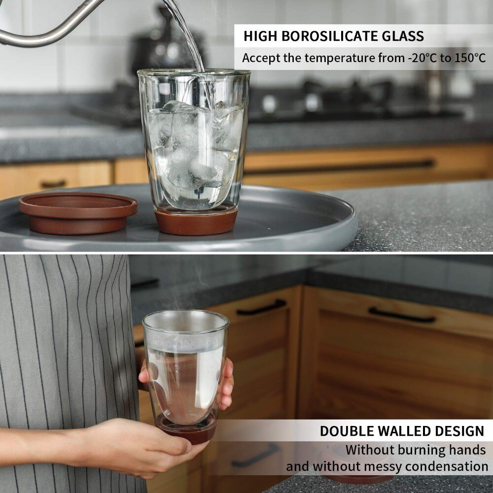 Dobbelt vegg glass verres Helle boire kaffekrus varmebestandig drikkeglass kopp med silisium lokk og utgangspunkt verre dobbel paroi
