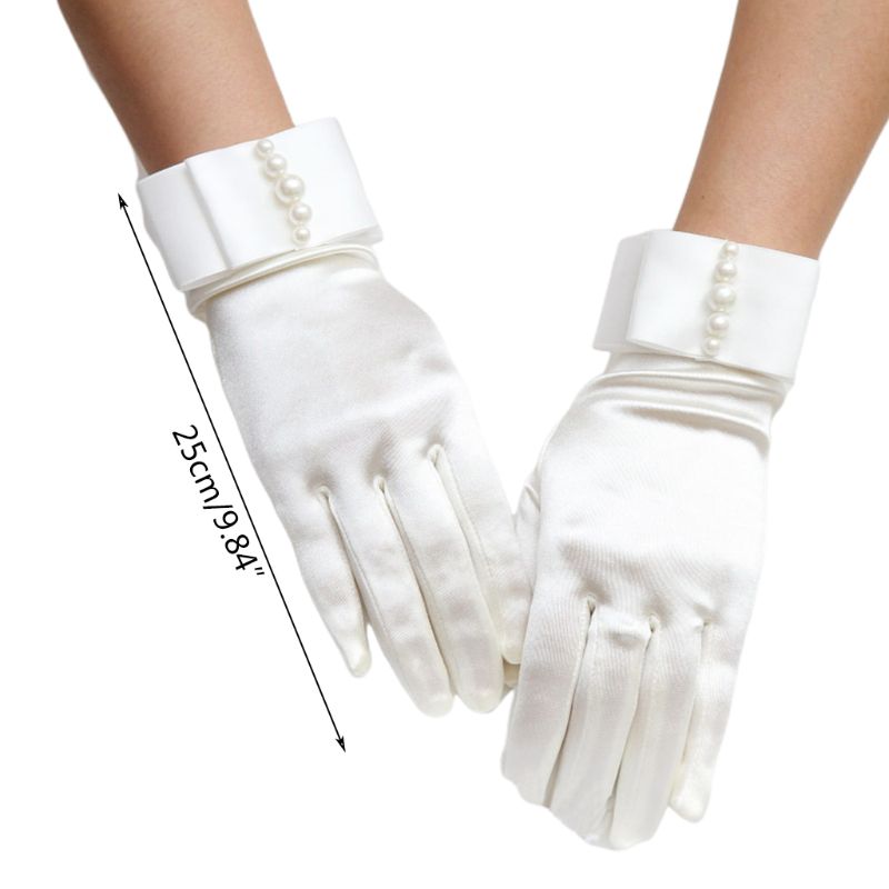 Bryllup brude satin korte handsker perle beaded dobbelt lag bowknot prom vanter