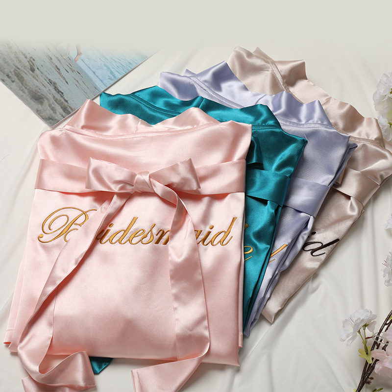 Bruid Bruidsmeisje Ochtend Kimono Badjas Jurk Borduurwerk Trouwjurk Zomer Dames Nachthemd Losse Satijnen Huiskleding