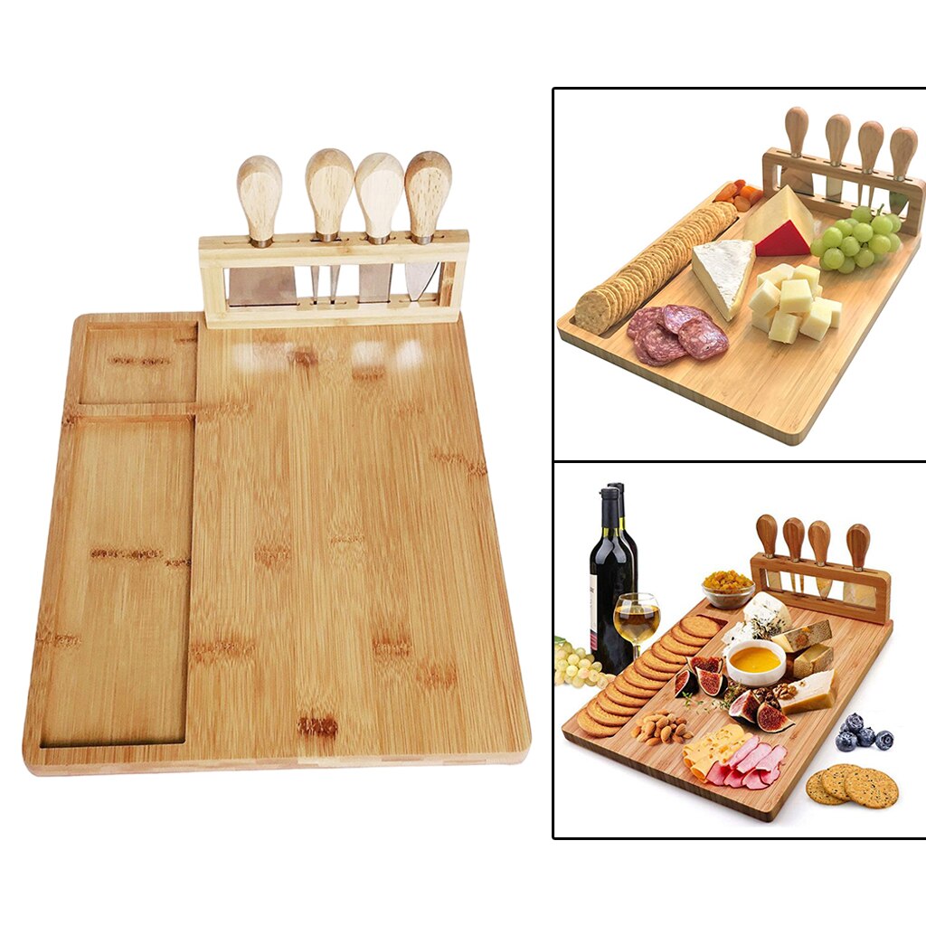 Bamboe Charcuterie Kaasplank Set - Serveren Vlees Kaasplateau Charcuterie Board Set Met 4 Rvs Kaasmes Ideaal Voor Feestjes Weddi