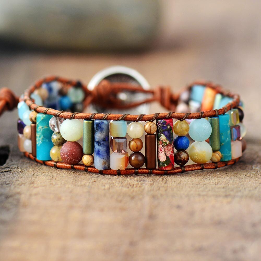 Women Boho Bracelets Natural Stone Single Leather Wrap Bracelet Semi Precious Stone Beaded Woven Cuff Bracelet