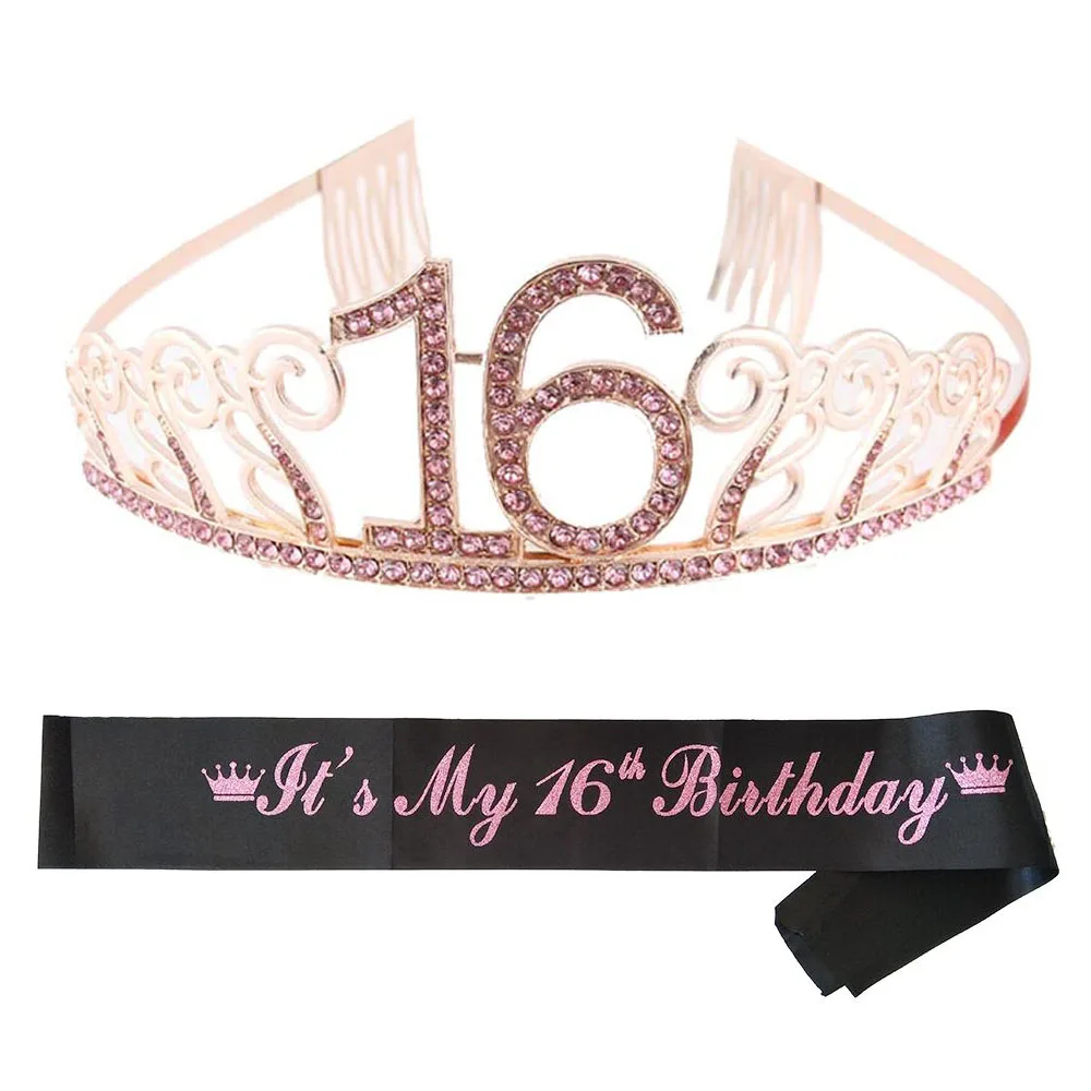 Sweet 16 Birthday Party Tiara Crown Headband Satin Sash for Girl 16th Birthday Princess Party Decoration Cake Topper Favor