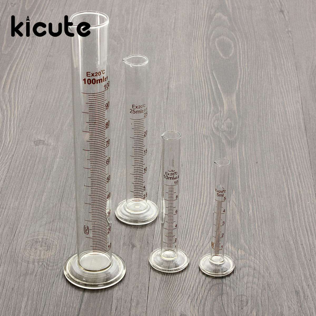 Kicute 5x gradueret glas målecylinder 5ml +10ml + 25ml + 50ml +100m for kemi laboratorium foranstaltning værktøj