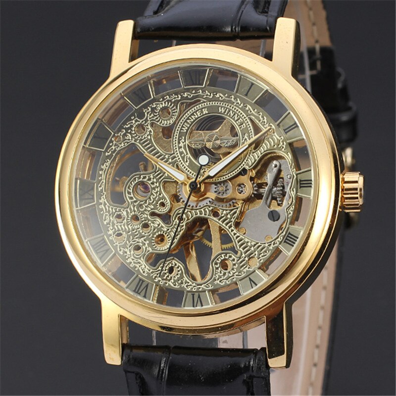 Brand Winner Casual Rvs Mannen Mechanische Horloge Skeleton Hand Wind Horloge Voor Mannen Dress Horloge: Gold