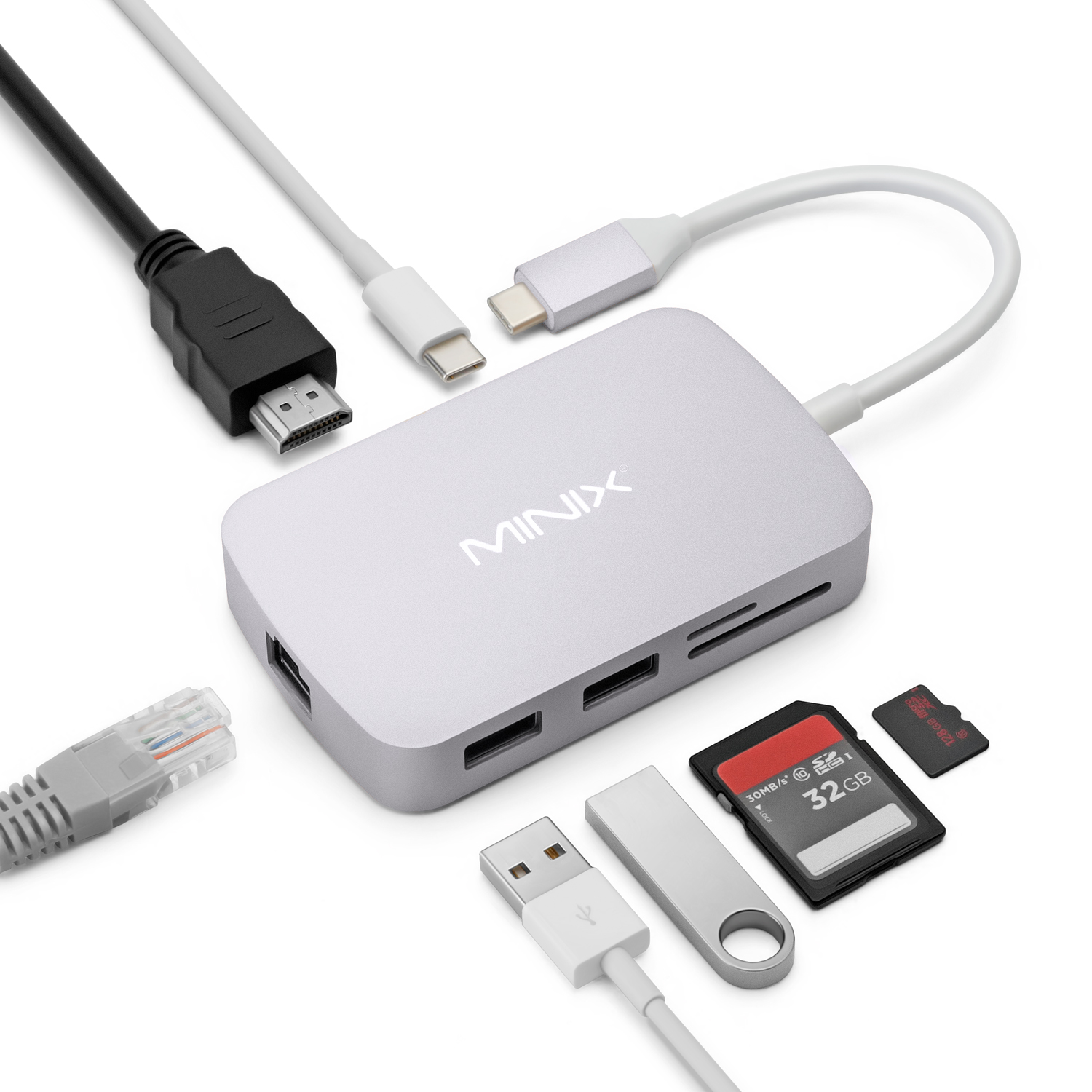 MINIX USB-C Hub kleine Type-c dockingstation met VGA/HDMI/USB 3.0/Type-c voor opladen/kaartlezer, internet NIC