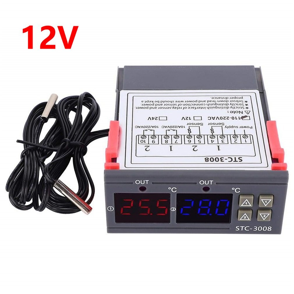 STC-3008 Dual LED Probe Temperature Controller Thermostat Temperature Control Meter With LED Display: 12V