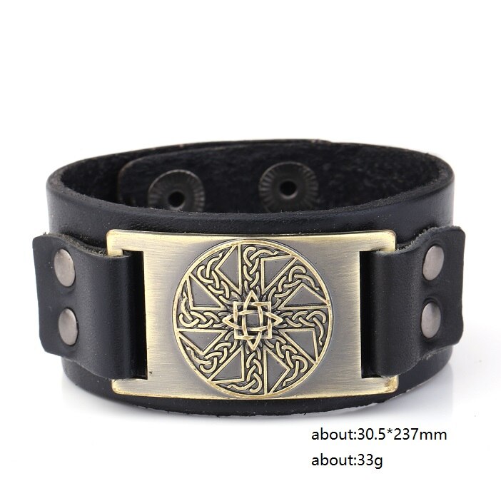 Skyrim-pulsera de cuero eslava para hombre, anís estrellado, amuleto redondo cerrado, pulsera ancha trenzada, brazalete Vikingo, joyería Vintage: black-bronze