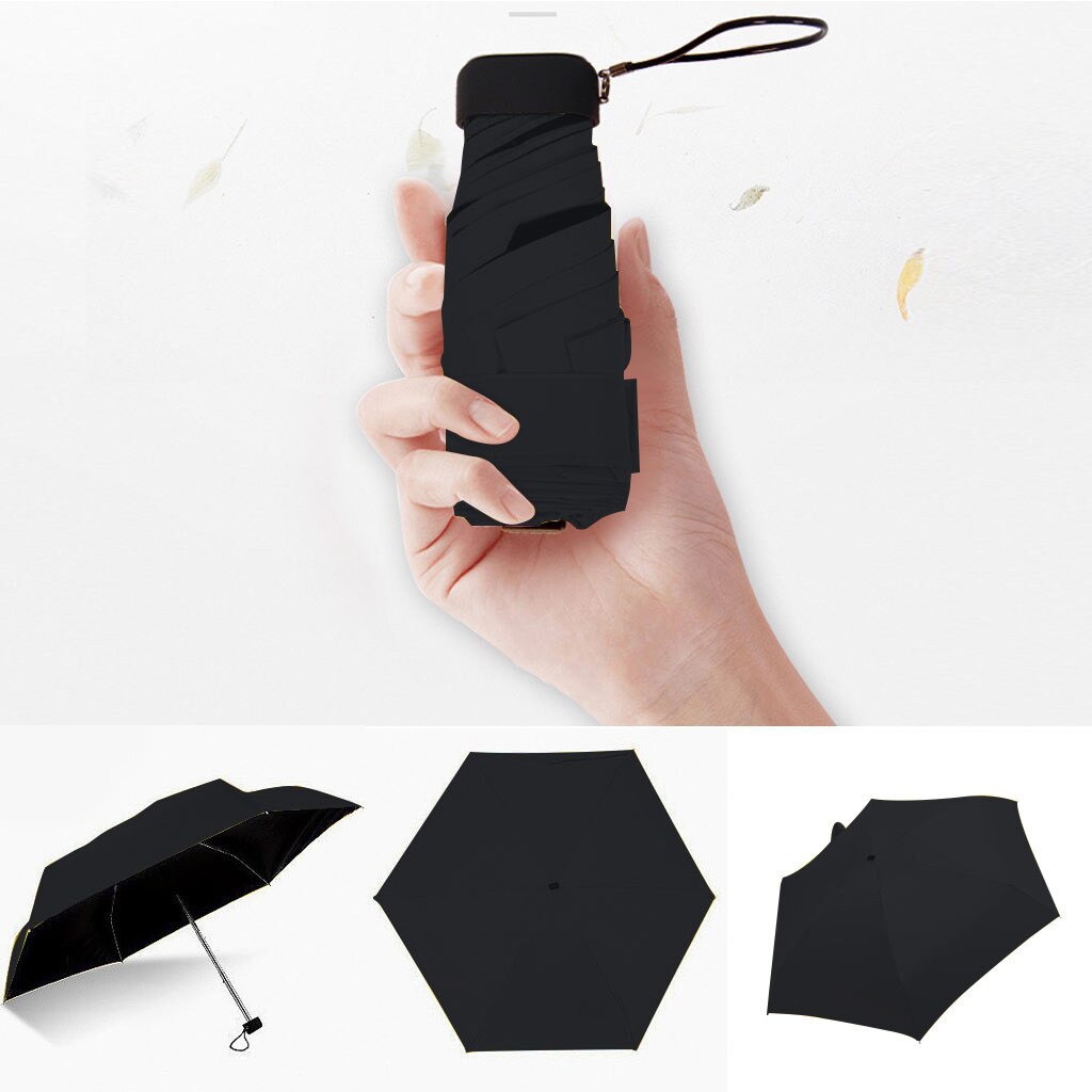 Parasol flad letvægts paraply parasol foldning sun mini 5 foldning ultra let foldbar paraply uv beskyttelse: Sort