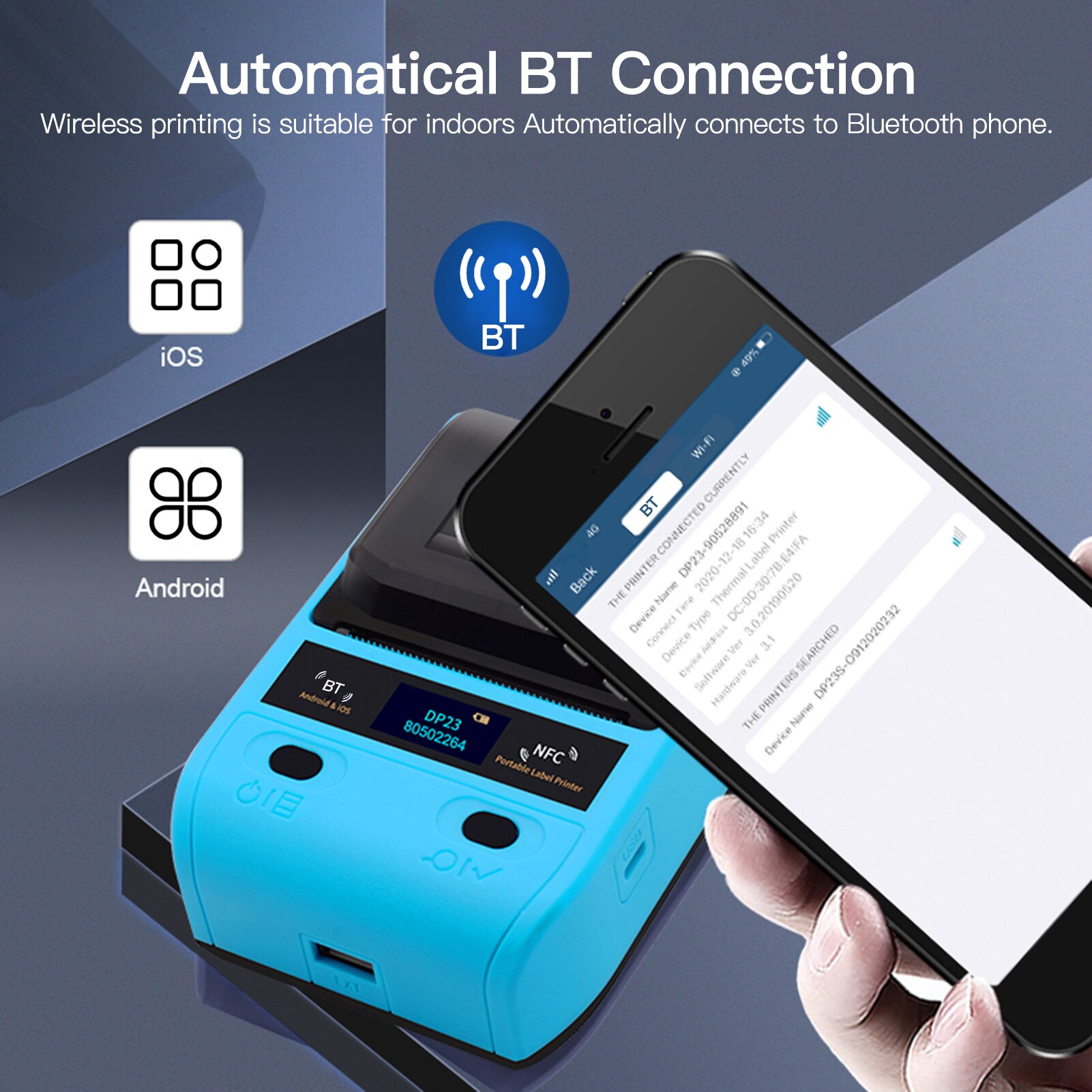 DP23 Mini Portable Thermal Printer Wireless Receipt Printer 58mm Ink-free USB NFC Bluetooth Label Printer For Windows Android PC